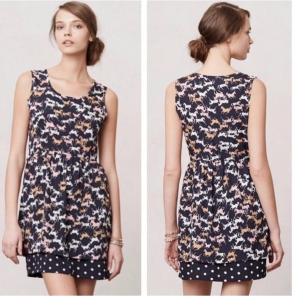 Anthropologie Porridge Horse Print Dress XS Equestrian Novelty Polka Dot Hem